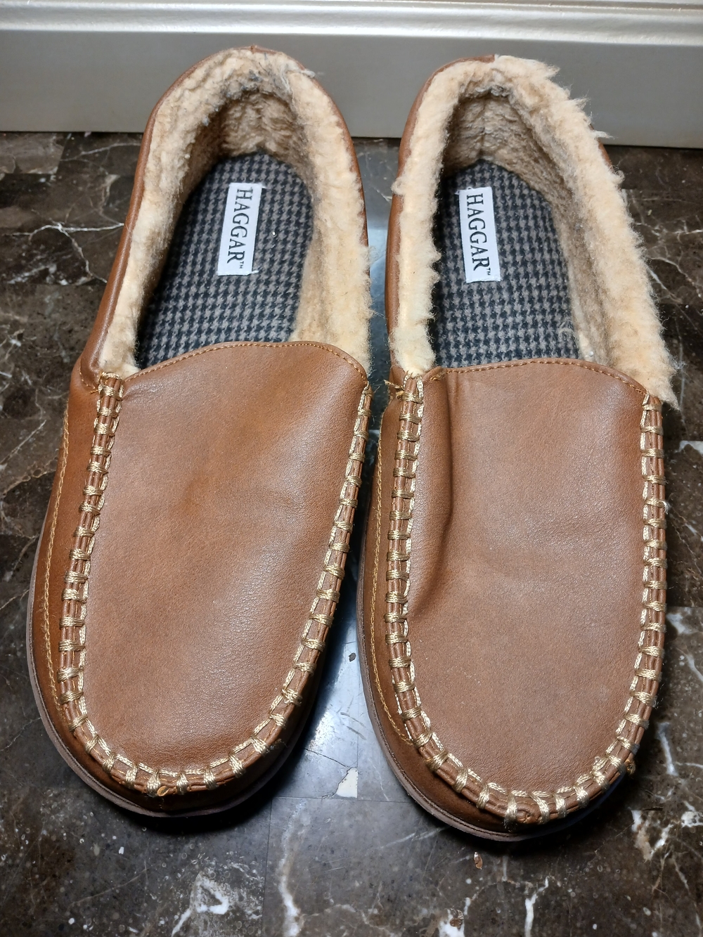 Haggar Men's Brown Faux-Leather Fleece-Lined Slip-On Moccasins